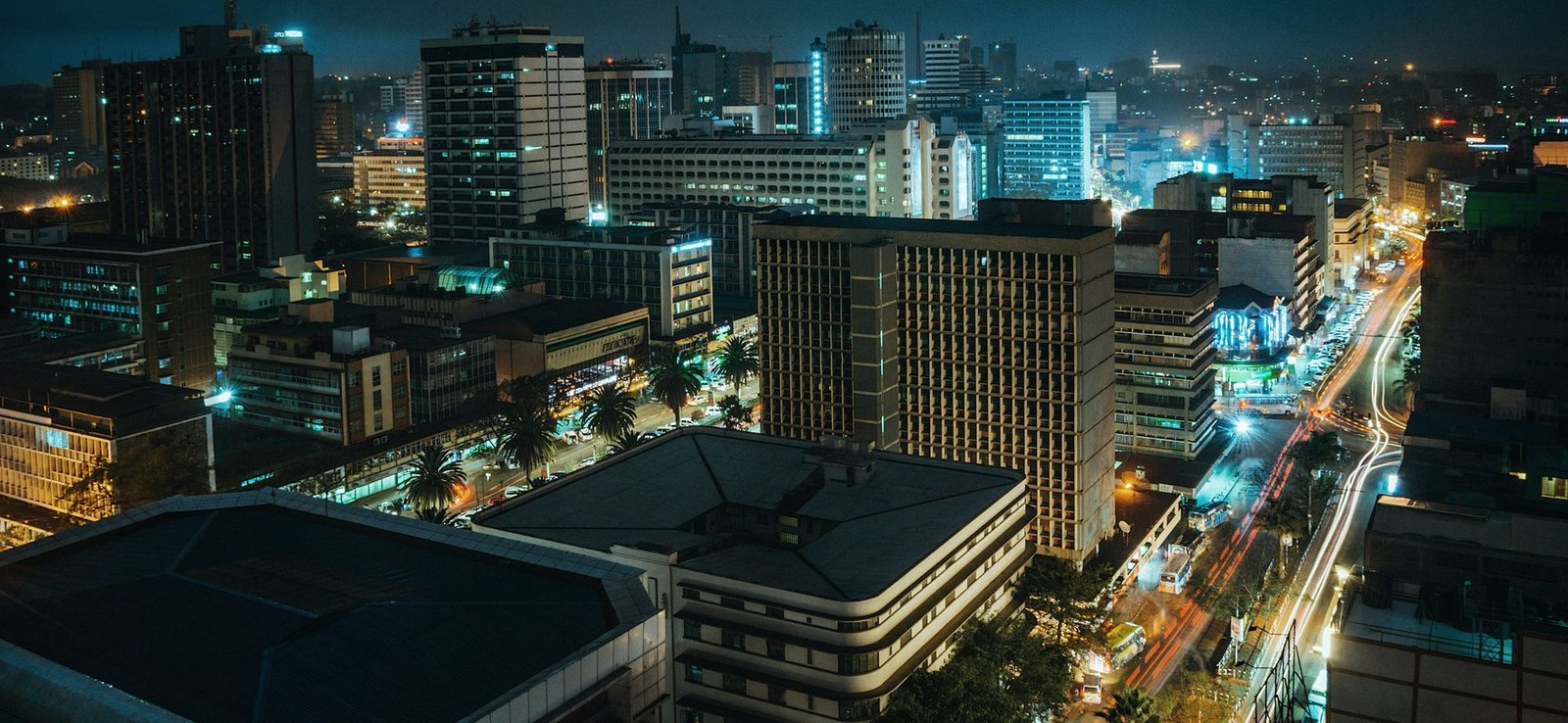 Nairobi city centre at night, seen from above. City context, not a project view.