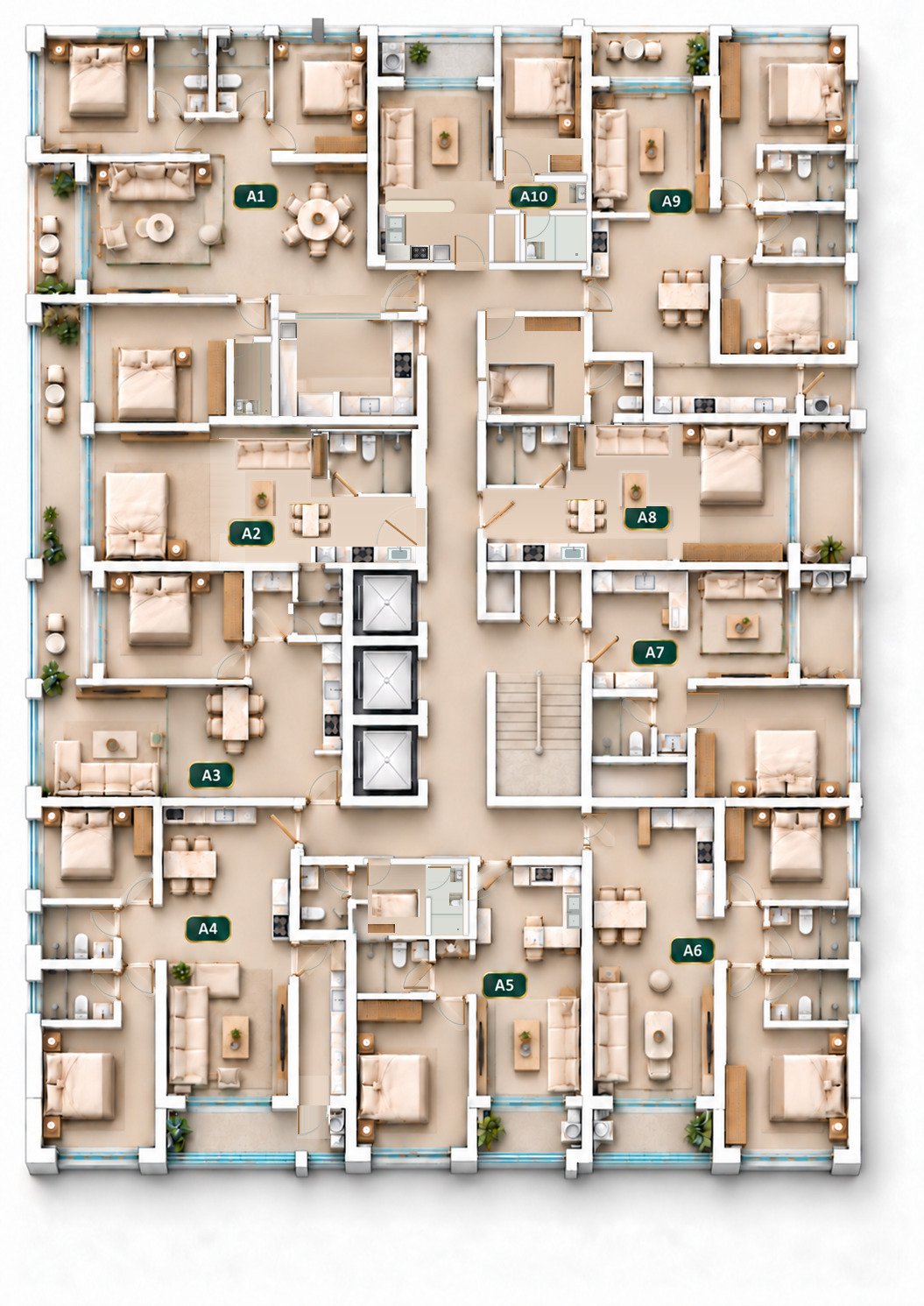 Cambridge Garden typical floor layout showing homes A1 to A10