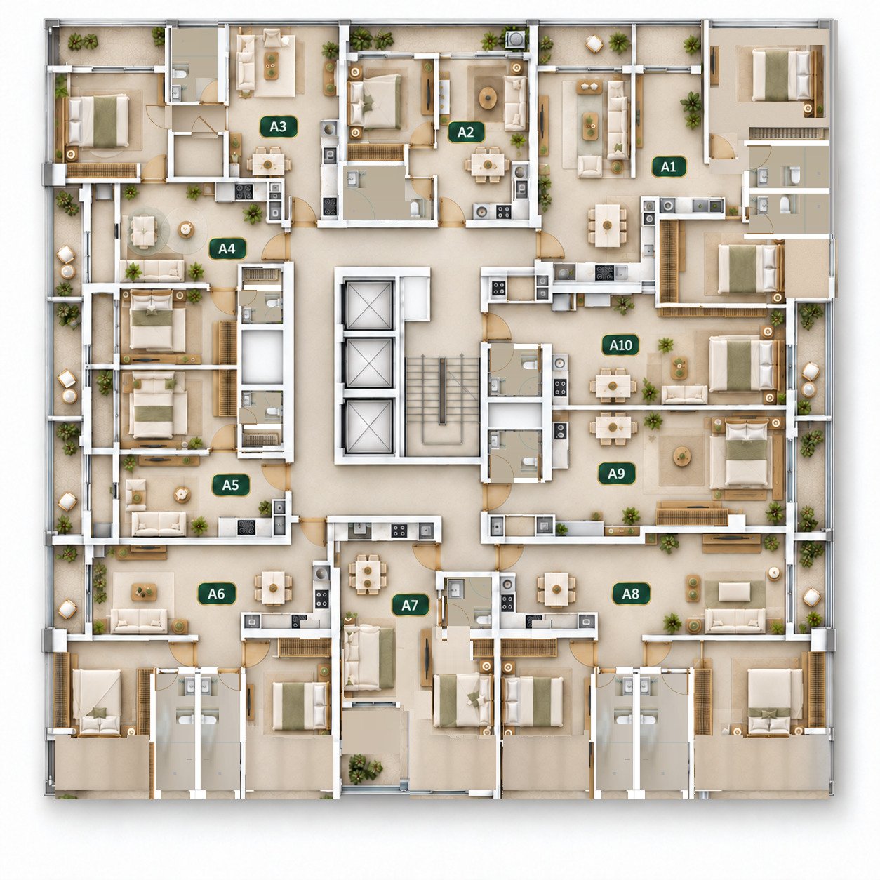 Chelsea Manor Block A typical floor layout showing homes A1 to A10