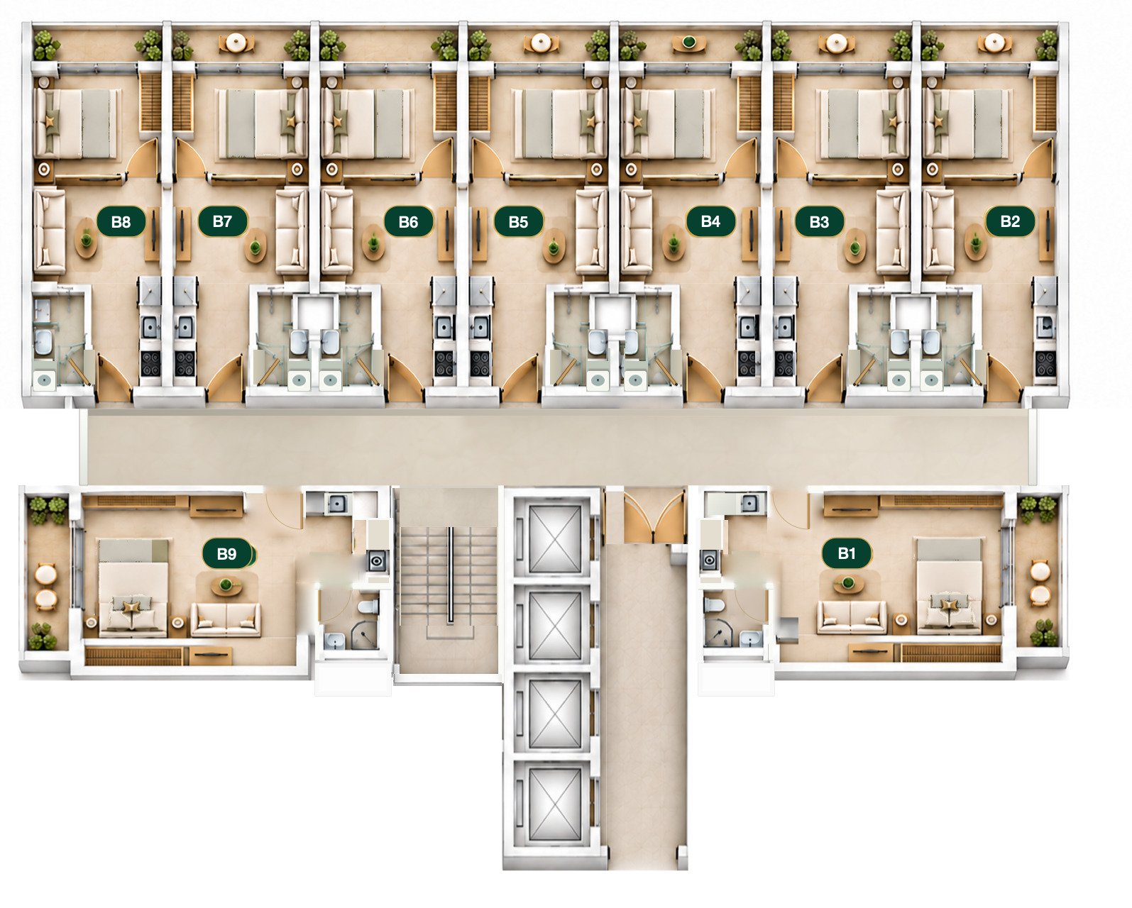 Chelsea Manor Block B typical floor layout showing homes B1 to B9