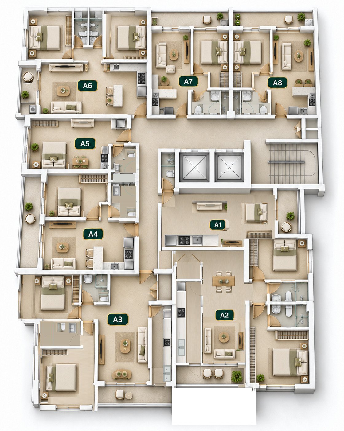 Edinburgh Manor Block A typical floor layout showing homes A1 to A8