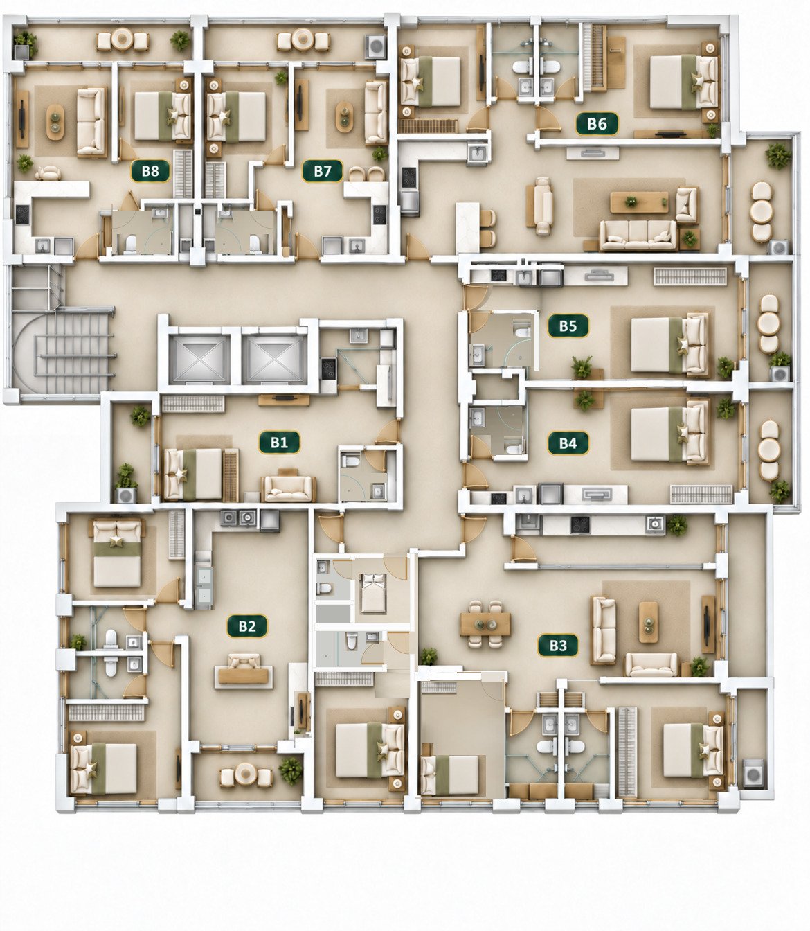 Edinburgh Manor Block B typical floor layout showing homes B1 to B8